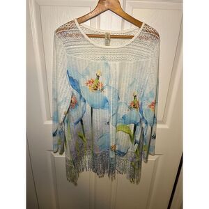 Endless Designs Floral Crochet Fringe Top Womens XL Blue Boho Lightweight